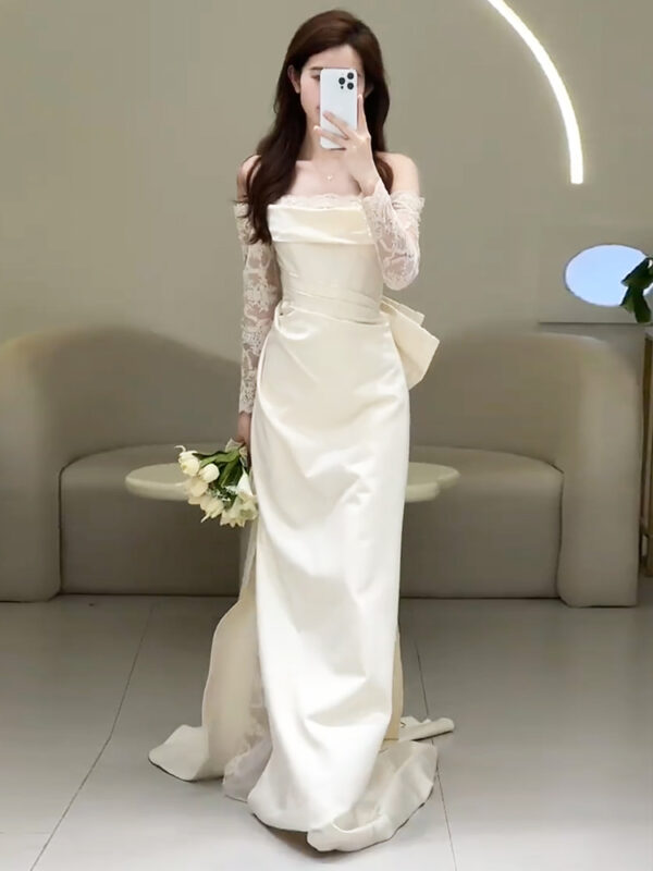 Off-shoulder Light Wedding Dress Bridal Simple Lace Dress - Image 9