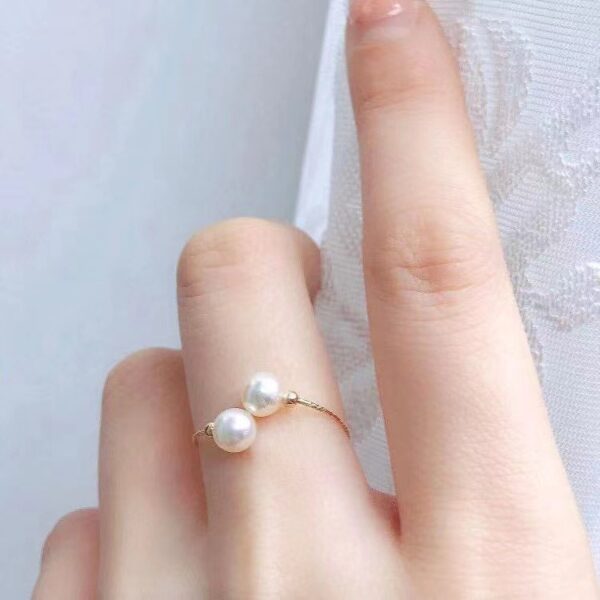 18k Gold Pearl Elastic Ring Au750 Color Gold Adjustable - Image 2