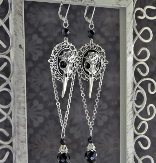 Grim, Gothic Raven Earrings | Elegant Gothic Earrings, Long Raven Earrings, Raven Skull Earrings, Gothic Raven Earrings - Image 3