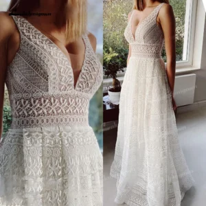 Plus Size Lace Wedding Dresses vestido de novia Boho Bridal Gowns V Neck Backless Elegant Beach A-Line Bridal Dresses