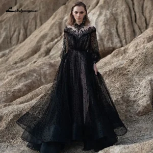 Bohemia Black Gothic Wedding Dresses Lace Country Bridal Gown Cheap Ruffles Long Sleeve robes de mariée Cheap Bridal Dresses