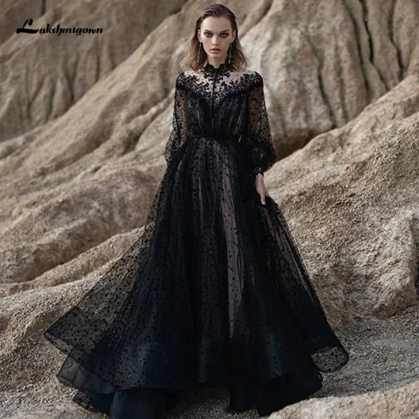 Bohemia Black Gothic Wedding Dresses Lace Country Bridal Gown Cheap Ruffles Long Sleeve robes de mariée Cheap Bridal Dresses