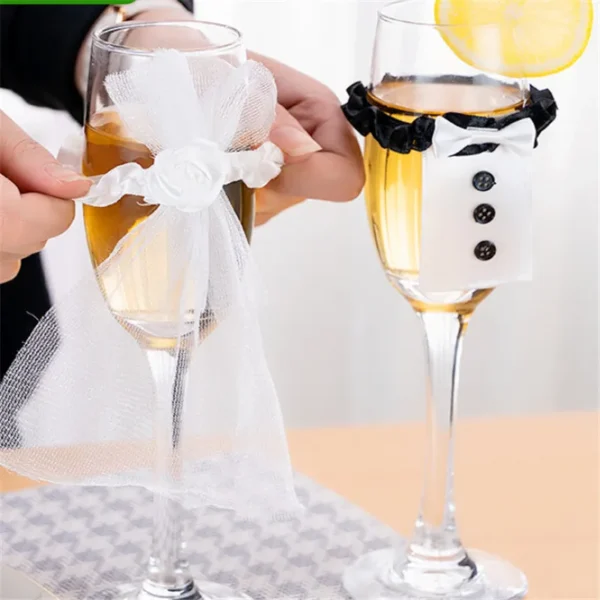 2Pcs/Set Bridal Veil Bow Tie Bride & Groom Tux Bridal Veil Wedding Party Toasting Wine Glasses Decor Wedding Party Decoration - Image 3