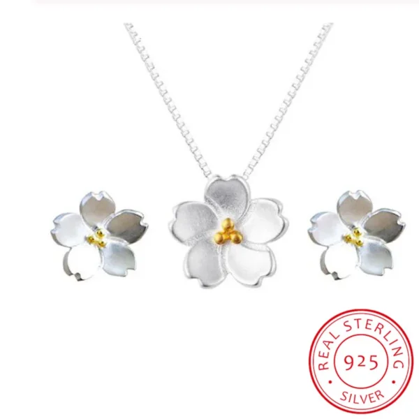 Wedding Bridal 925 Sterling Silver Cherry Flower Earrings Necklaces Jewelry Sets for Women Girls Party Gifts Pendientes