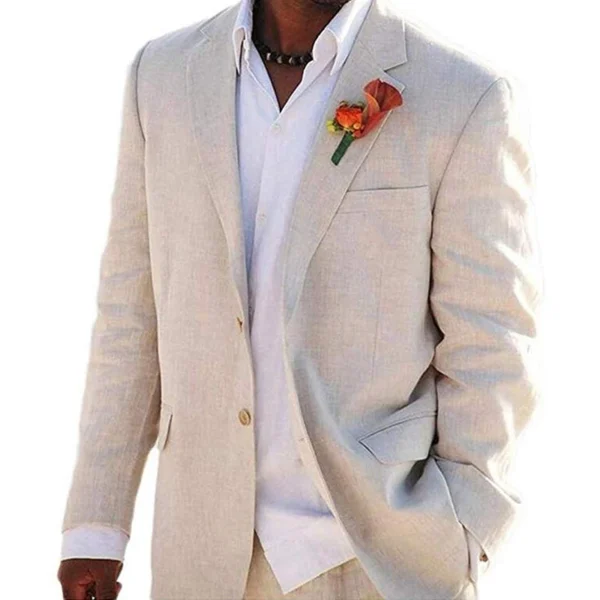 Beige Linen Men's Suits for Summer Beach Wedding 2 Pcs American Style Jacket with Pants Bespoke Groom Tuxedos Male Fashion - Image 2