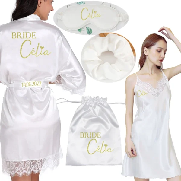 Personalized Date Name Lace Pajamas Set Women Wedding Bride Bridesmaid Robes Gown Bridal Party Gifts Wedding Pajamas set