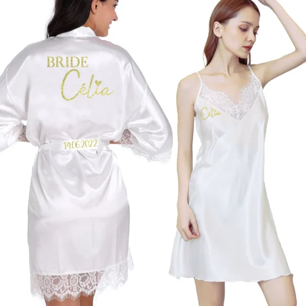 Personalized Date Name Lace Pajamas Set Women Wedding Bride Bridesmaid Robes Gown Bridal Party Gifts Wedding Pajamas set - Image 3