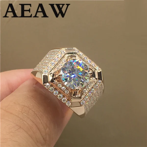 100% Real 18K  Au750 Gold Moissanite Man Ring Round Shape 2ct D Color Top Quality Engagement Wedding Ring