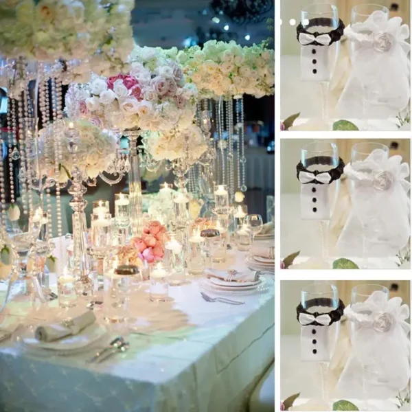 2Pcs/Set Bridal Veil Bow Tie Bride & Groom Tux Bridal Veil Wedding Party Toasting Wine Glasses Decor Wedding Party Decoration - Image 2