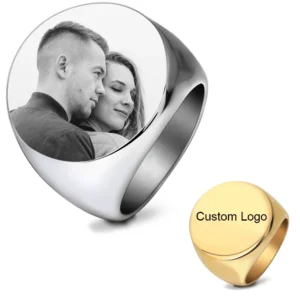 Customized Signet Ring Engrave Name Logo Photo Copule Jewelry Stainless Steel Round Mens For Family Wedding Personalized Gifts