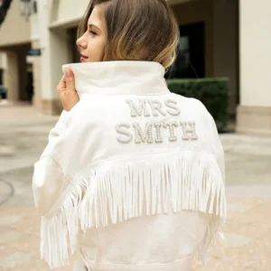 Wedding Customized Denim Jacket with Fringes Wedding Personalized Denim Pearls Mrs. Jackets Bridal Party Bride to Be Coats