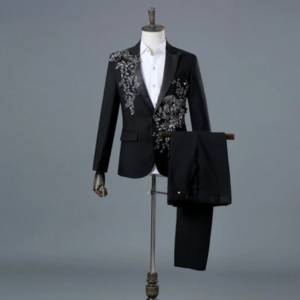 Mens Floral Sequin Black Tuxedo Suits With Pants Party Wedding Groom 2 Pieces Suit Male Stage Prom Suit Costume