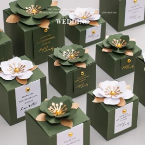 Green Creative Flower Square Exquisite Wedding Candy Box Personalized With a Name Wedding Thank You Gifts For Guests Box 50/100