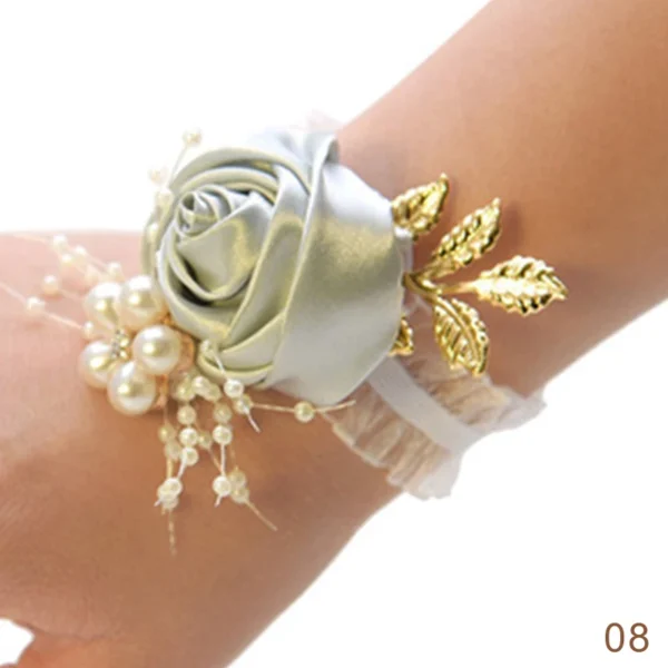 Bridesmaid Faux Rose Bracelet Wedding Wrist Corsage Polyester Ribbon Pearl Bow Bridal Gifts Hand Flowers Party Prom Accessories - Image 7