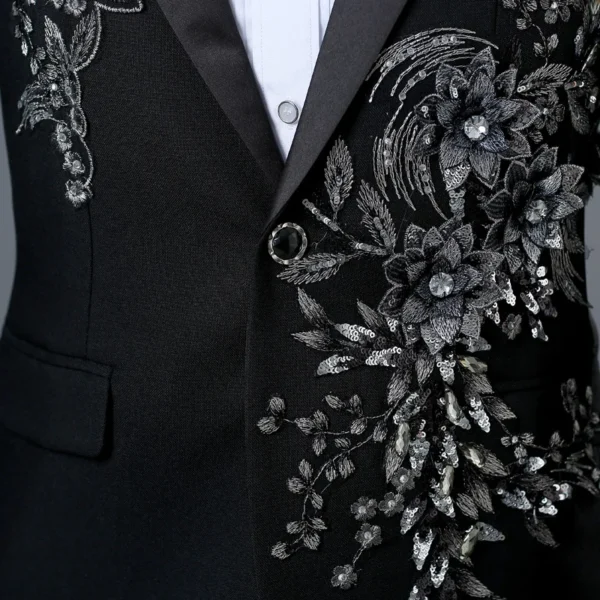 Mens Floral Sequin Black Tuxedo Suits With Pants Party Wedding Groom 2 Pieces Suit Male Stage Prom Suit Costume - Image 4