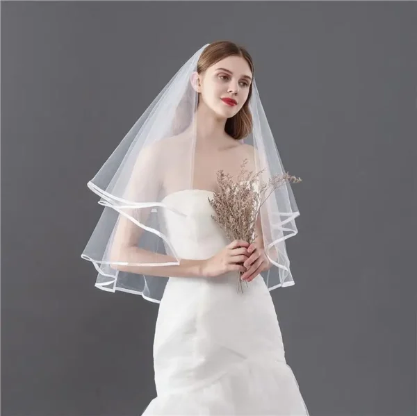 Two-Layers Short Wedding Bridal Ribbon Edge Veils with Comb Bridal Accessories - Image 2