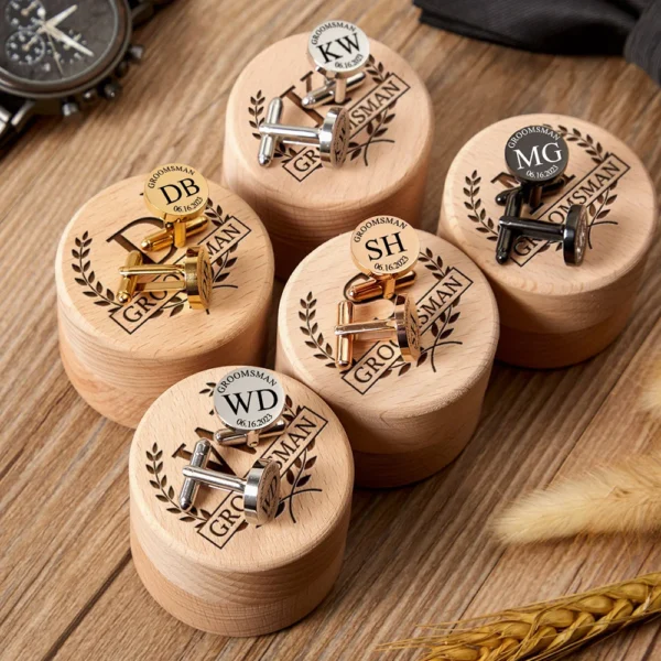 Personalized Custom Stainless Steel Cufflinks With Wooden Box Round Men Shirt Cufflinks Wedding Party Groomsmen Gifts - Image 4