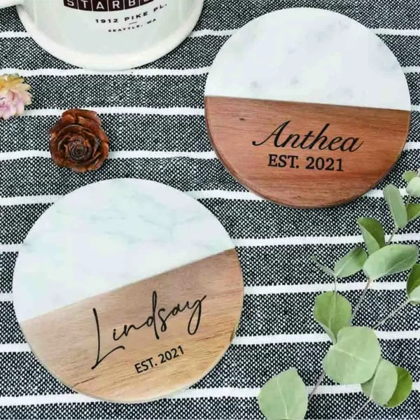 Custom Engraved Marble Wood Coasters | Personalized Gifts Coaster Set Christmas Gift | Housewarming Gifts Wedding Gifts - Image 2