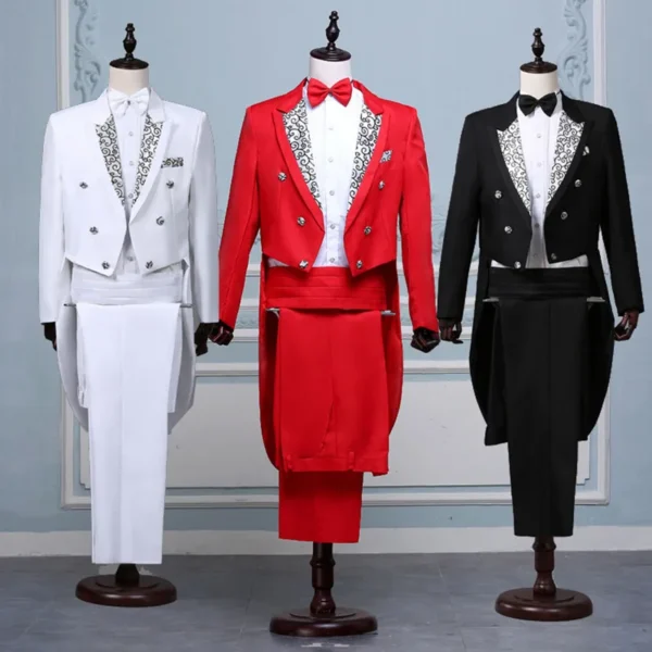 Men White Black Red Jacquard Lapel Tail Coat Stage Singer Costume Homme Wedding Groom Prom Tuxedo Suits Men Suit (Jacket+Pants)