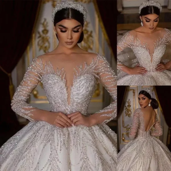 2024 Luxury Wedding Dresses Beaded Sequin Ball Gown Long Sleeves Bridal Wedding Dress Sexy Africa Bridal Gowns Wedding Dresses