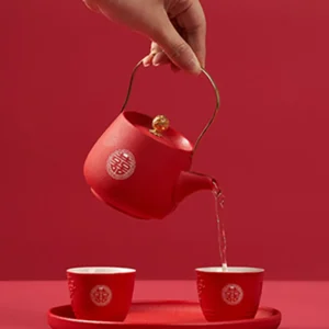 Chinese Traditional Red Wedding Double Happiness Teapot, Teacup Kettle, Tea Ceremony Set, Luxury Gifts for Bride and Groom