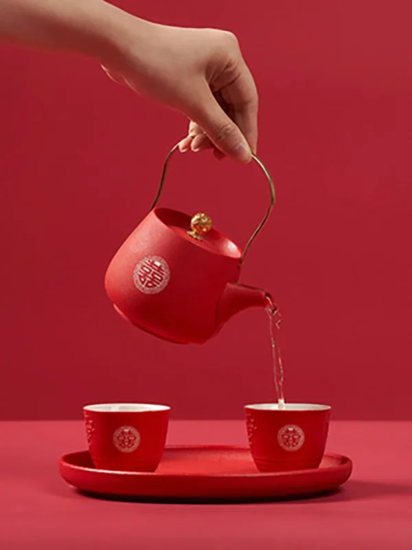 Chinese Traditional Red Wedding Double Happiness Teapot, Teacup Kettle, Tea Ceremony Set, Luxury Gifts for Bride and Groom