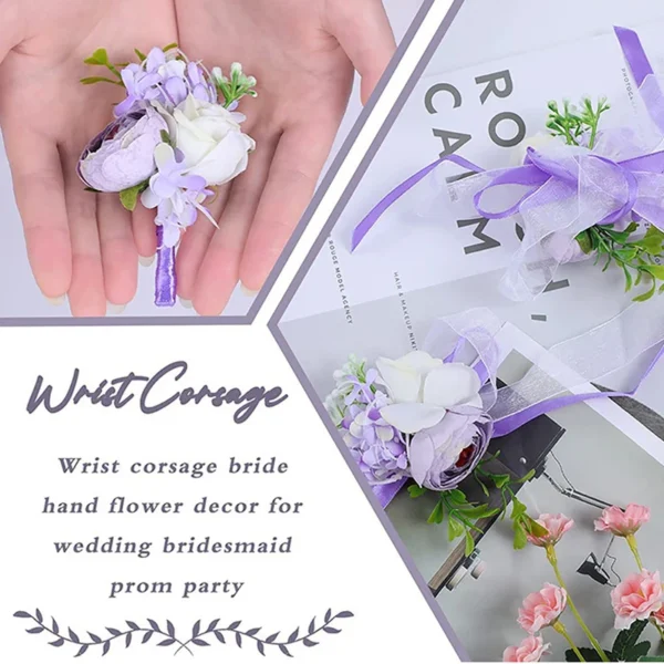 Purple Wedding Wrist Corsage Brooch Boutonniere Set Groom Groomsmen Bride Bridesmaids Wedding Flowers Accessories for Wedding,Pr - Image 4