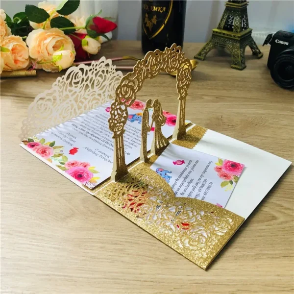 3D Bride And Groom Rose Gold Pop up Wedding invitations laser cut Greeting cards envelope Rsvp Navy blue White Pink - Image 4