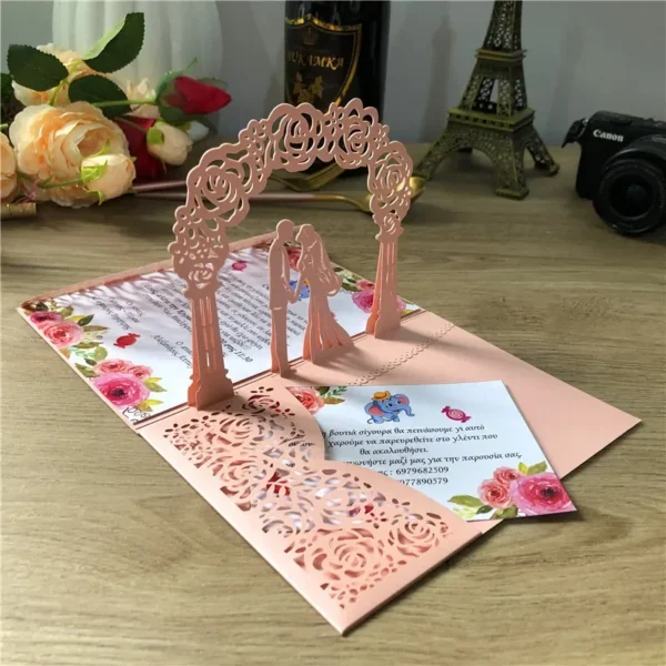 3D Bride And Groom Rose Gold Pop up Wedding invitations laser cut Greeting cards envelope Rsvp Navy blue White Pink - Image 2