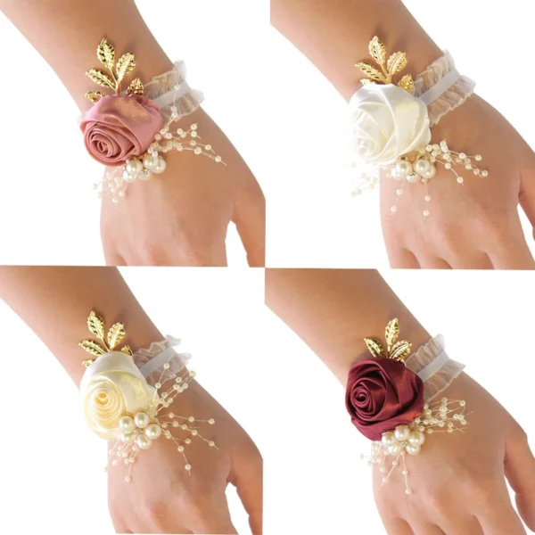 Bridesmaid Faux Rose Bracelet Wedding Wrist Corsage Polyester Ribbon Pearl Bow Bridal Gifts Hand Flowers Party Prom Accessories - Image 6