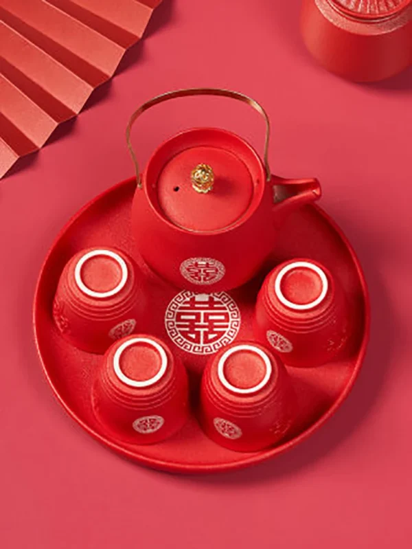 Chinese Traditional Red Wedding Double Happiness Teapot, Teacup Kettle, Tea Ceremony Set, Luxury Gifts for Bride and Groom - Image 2