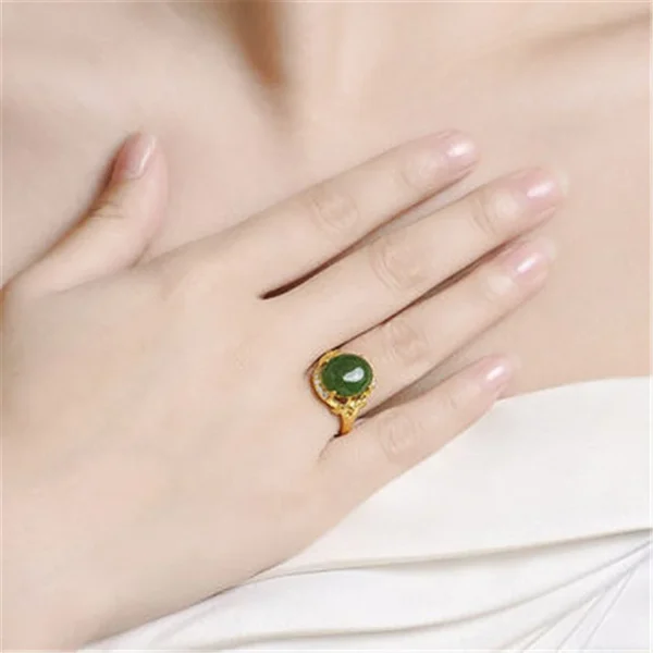 Hetian Long Lasting Ring Pure Plated Real 18k Yellow Gold 999 24k Inlaid Jade Emerald Opening Adjustable Gift Ring Never Fade Je - Image 4