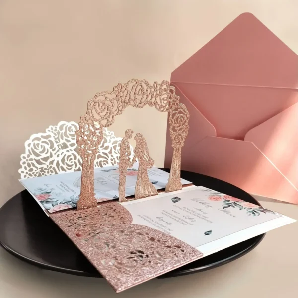 3D Bride And Groom Rose Gold Pop up Wedding invitations laser cut Greeting cards envelope Rsvp Navy blue White Pink - Image 10