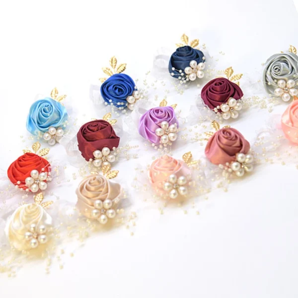 Bridesmaid Faux Rose Bracelet Wedding Wrist Corsage Polyester Ribbon Pearl Bow Bridal Gifts Hand Flowers Party Prom Accessories - Image 5