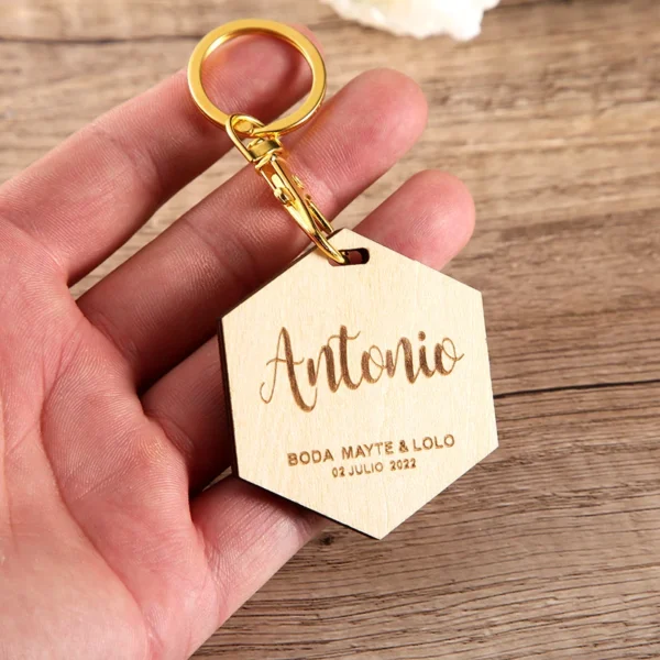 Personalized Engraved Hexagon Wood Key Chain, Wedding Names, Custom Gifts for Wedding Gift, Valentines or Birthday Gift - Image 3