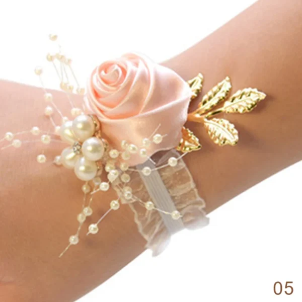 Bridesmaid Faux Rose Bracelet Wedding Wrist Corsage Polyester Ribbon Pearl Bow Bridal Gifts Hand Flowers Party Prom Accessories - Image 3