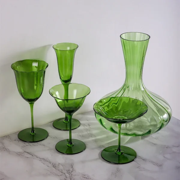 Home Light Luxury Retro Flower Wine Glasses Champagne Cup Set Crystal Goblet Glass Cocktail Glass Martini Cup Ribbed Pink Green - Image 2