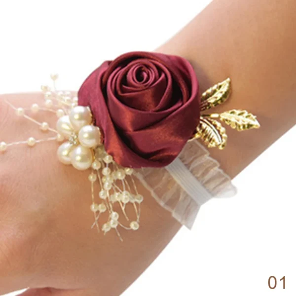 Bridesmaid Faux Rose Bracelet Wedding Wrist Corsage Polyester Ribbon Pearl Bow Bridal Gifts Hand Flowers Party Prom Accessories - Image 4