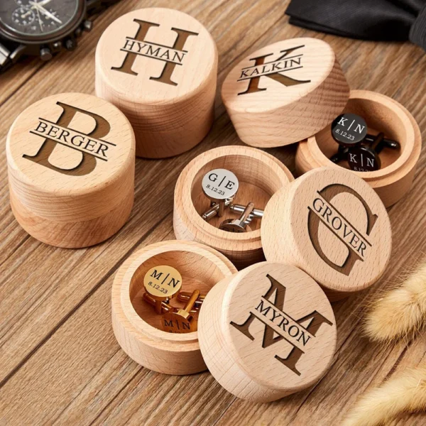 Personalized Custom Stainless Steel Cufflinks With Wooden Box Round Men Shirt Cufflinks Wedding Party Groomsmen Gifts