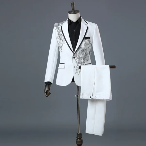 Mens Floral Sequin Black Tuxedo Suits With Pants Party Wedding Groom 2 Pieces Suit Male Stage Prom Suit Costume - Image 6