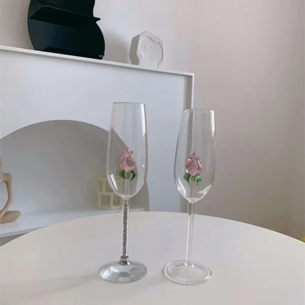 1 Piece Creative 3D Pink Glass Rose Build-in Red White Wine Glasses Cup Stemware Goblets Champagne Flute Household Lovely Gift - Image 3