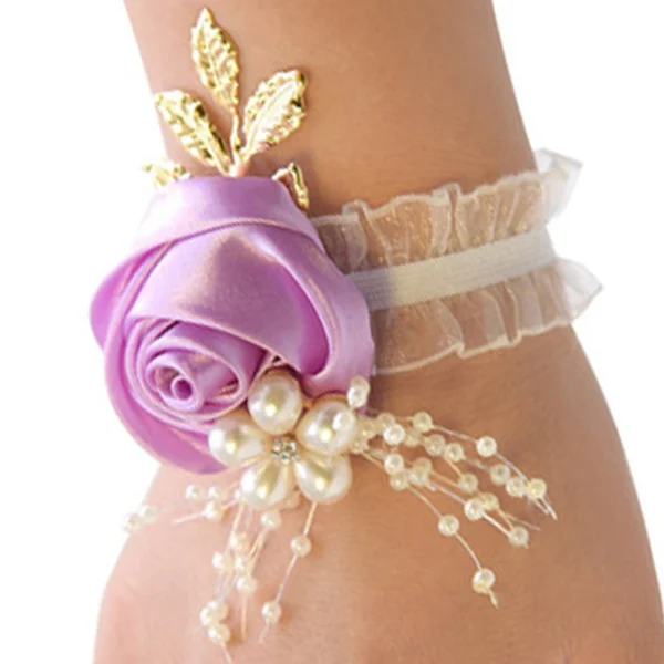 Bridesmaid Faux Rose Bracelet Wedding Wrist Corsage Polyester Ribbon Pearl Bow Bridal Gifts Hand Flowers Party Prom Accessories - Image 4