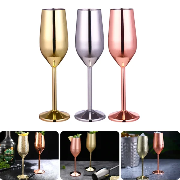 220ml Stainless Steel Champagne Flute Glass Unbreakable Wine Cup Gold Silver Cocktail Glass Metal Flute Home Bar Party Supplies