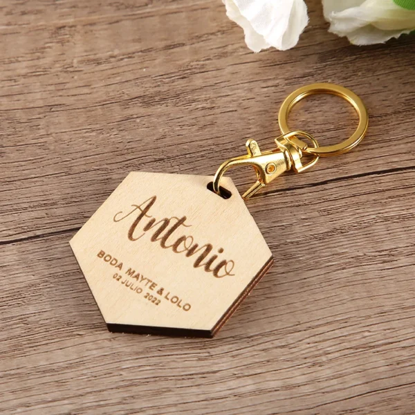 Personalized Engraved Hexagon Wood Key Chain, Wedding Names, Custom Gifts for Wedding Gift, Valentines or Birthday Gift - Image 2