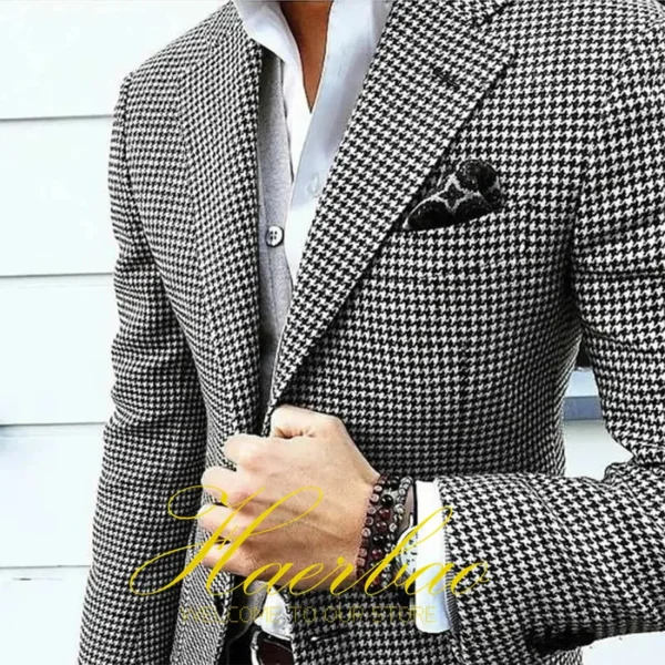 Houndstooth Fashion Men's Suit Jacket Pants 2-Piece Set Formal Business Slim Fit Outfit Custom Groom Blazer - Image 3