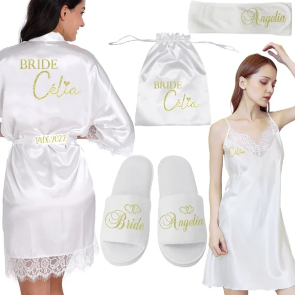 Personalized Date Name Lace Pajamas Set Women Wedding Bride Bridesmaid Robes Gown Bridal Party Gifts Wedding Pajamas set - Image 11