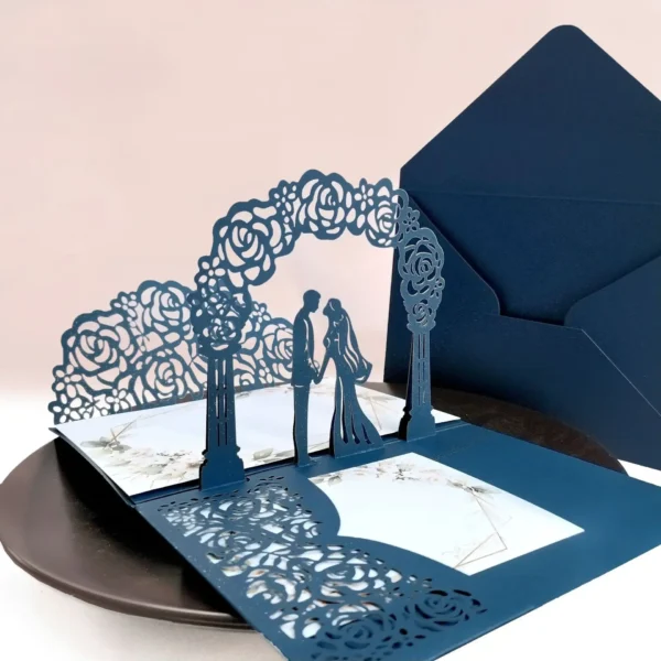 3D Bride And Groom Rose Gold Pop up Wedding invitations laser cut Greeting cards envelope Rsvp Navy blue White Pink - Image 7