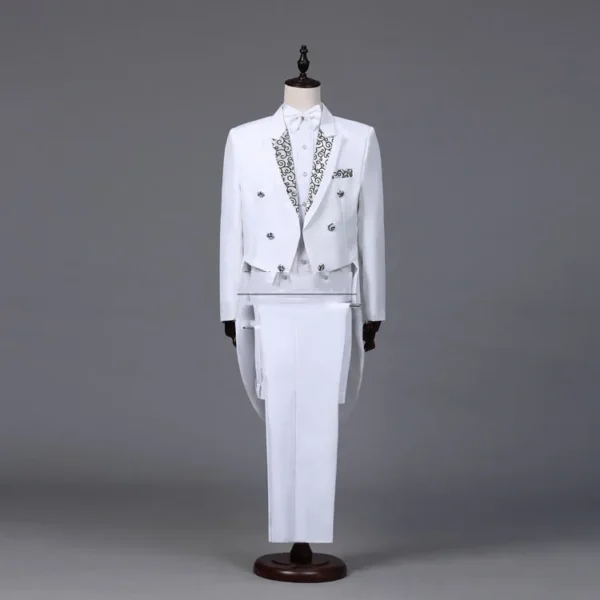 Men White Black Red Jacquard Lapel Tail Coat Stage Singer Costume Homme Wedding Groom Prom Tuxedo Suits Men Suit (Jacket+Pants) - Image 3