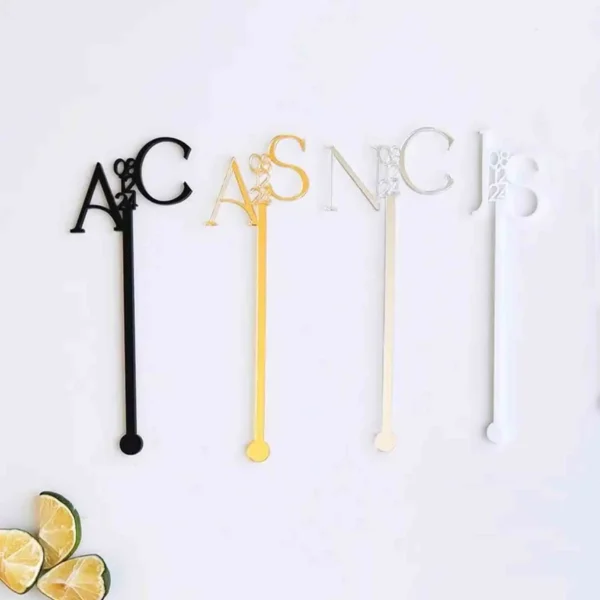 Gold Drink Stirrers, Custom Cocktail Topper, Wine Glass Charms, Wedding Party Decor, Bride and Groom, Initial - Image 5