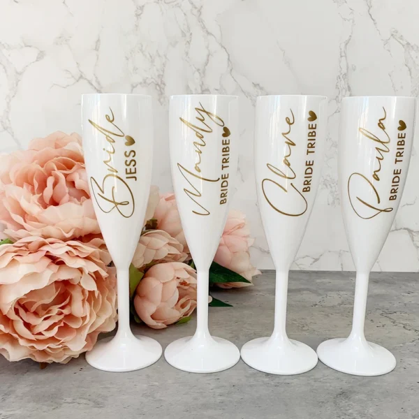 Personalised White Plastic Champagne Flute Wedding Proposal Reception Flutes Bachelorette Party Bride Tribe Gift